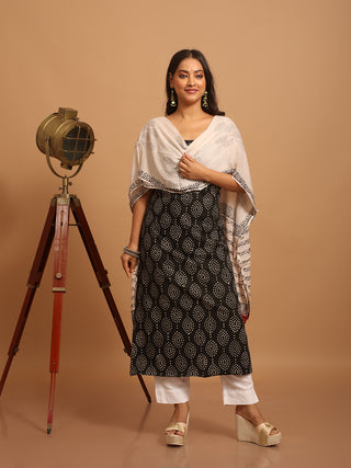 Black & Off-White Three-Piece Jaipur Cotton Dress Material With Bagru Print