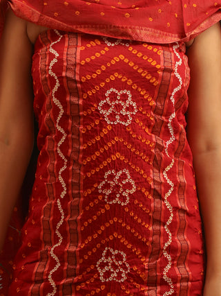 Brick Red And Forest Green Combination Pure Glaze Cotton Dress Material With Rai Bandhej Bandhani Work
