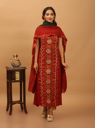 Brick Red And Forest Green Combination Pure Glaze Cotton Dress Material With Rai Bandhej Bandhani Work