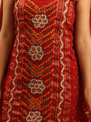 Brick Red And Forest Green Combination Pure Glaze Cotton Dress Material With Rai Bandhej Bandhani Work