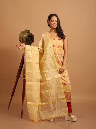 Golden Beige Banaras Chanderi Silk Dress Material with Red-Gold Buta and Chanderi Silk Dupatta