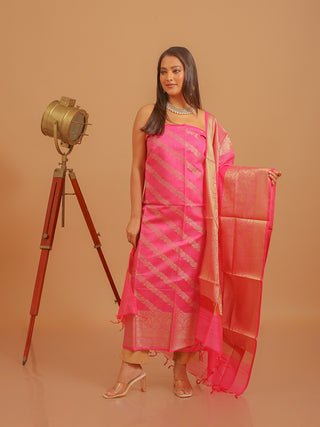 Lotus Pink Banarasi Chanderi Silk Dress Material with Diagonal Zari Vines and Rich Dupatta