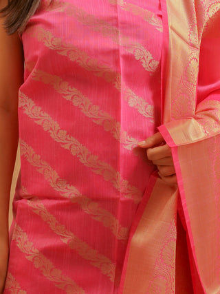 Lotus Pink Banarasi Chanderi Silk Dress Material with Diagonal Zari Vines and Rich Dupatta