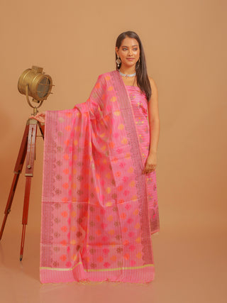 Lotus Pink Banarasi Mercerised Cotton Dress Material with Multicolour Floral Butas and Matching Dupatta
