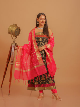 Black & Rani Pink Banarasi Chanderi Silk Dress Material with Gold Zari Floral Jaal