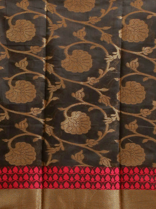 Black & Rani Pink Banarasi Chanderi Silk Dress Material with Gold Zari Floral Jaal