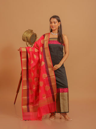 Elegant Black Banarasi Mercerised Cotton Suit with Rani Pink Silk Dupatta