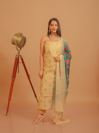 Soft Beige Banarasi Chanderi Silk Suit with Digitally Printed Dupatta
