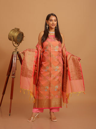 Peach-Pink Banarasi Chanderi Silk Suit with Zari-Woven Dupatta