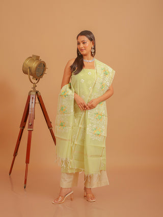 Pistachio Green Banarasi Silk Linen Suit with Floral Embroidery