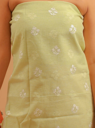 Pistachio Green Banarasi Silk Linen Suit with Floral Embroidery