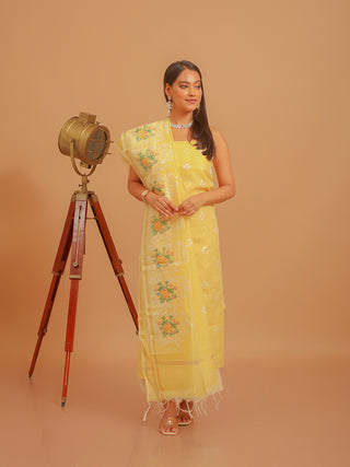 Lemon Yellow Banarasi Silk Linen Suit with Thread Embroidery