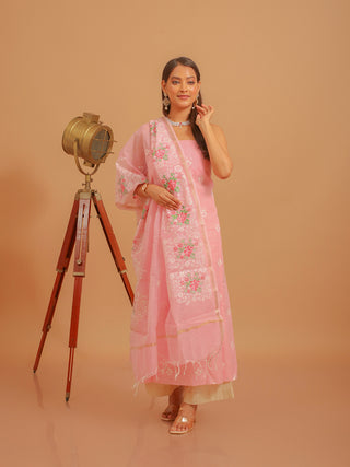 Blush Pink Banarasi Silk Linen Suit with White and Multicolour Embroidery