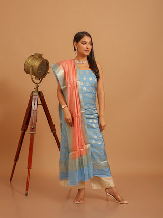 Sky Blue Banarasi Chiniya Silk Suit with Coral Pink Dupatta