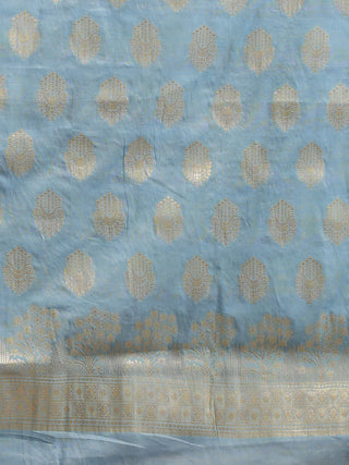 Sky Blue Banarasi Chiniya Silk Suit with Coral Pink Dupatta
