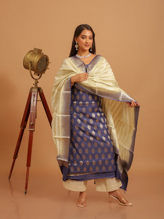 Ink Blue Banarasi Chiniya Silk Suit with Ivory Dupatta