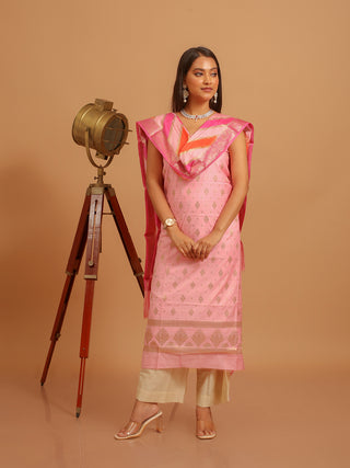Rose Pink Banarasi Suit with Pink-Orange Dupatta