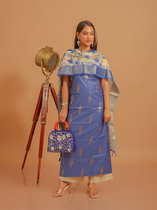Royal Blue Mercerised Suit with Floral Digital Print Dupatta