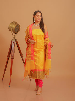 Mustard Yellow Chanderi Silk Suit with Magenta Accents