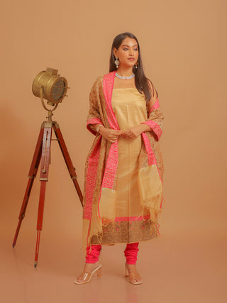Sandalwood Beige Chanderi Silk Suit with Floral Zari Dupatta