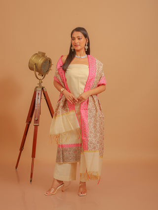 Light Beige Chanderi Silk Suit with Pink Contrast Bottom