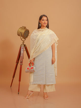 Grey-Blue Banaras Linen-Cotton Suit with Ivory Embroidered Dupatta