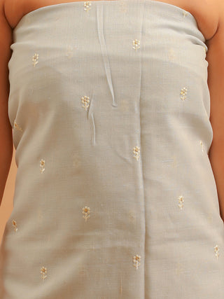 Grey-Blue Banaras Linen-Cotton Suit with Ivory Embroidered Dupatta