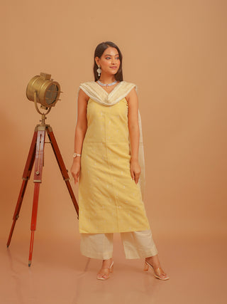 Lemon Yellow Linen-Cotton Suit with Embroidered Ivory Dupatta