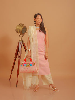 Blush Pink Linen-Cotton Suit with Ivory Embroidered Dupatta