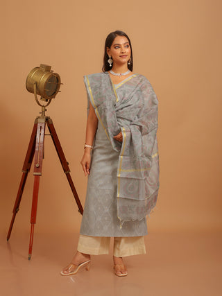 Grey-Blue Chanderi Silk Kurta Set with Digitally Printed Dupatta