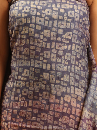 Purple-Mauve Shaded Pure Tussar Silk Dress Material with Hand Batik - Geometric Motif