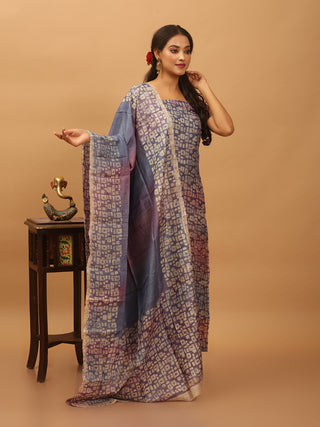 Purple-Mauve Shaded Pure Tussar Silk Dress Material with Hand Batik - Geometric Motif