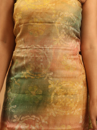 Pastel Mustard-Green Pure Tussar Silk Dress Material with Hand Batik - Floral Medallion Motif