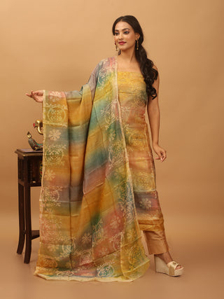 Pastel Mustard-Green Pure Tussar Silk Dress Material with Hand Batik - Floral Medallion Motif