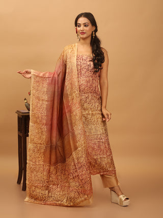Terracotta Beige Pure Tussar Silk Dress Material with Hand Batik - Abstract Motif