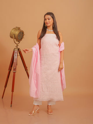 Light Pink Pure Voile Cotton Dress Material with Lucknowi Chikankari Embroidery