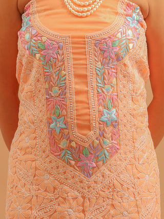 Peach Georgette Dress Material with Lucknowi Chikankari and Hand Parsi Embroidery