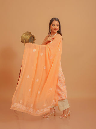 Peach Georgette Dress Material with Lucknowi Chikankari and Hand Parsi Embroidery