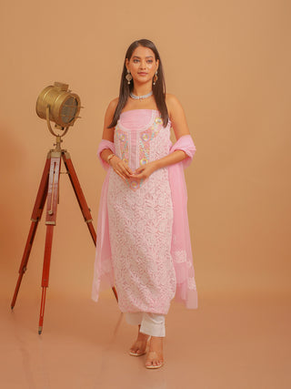 Baby Pink Georgette Dress Material with Lucknowi Chikankari and Hand Parsi Embroidery