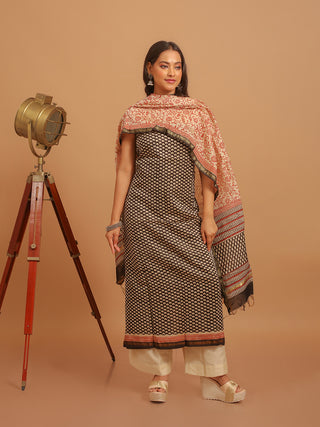 Printed Black and Beige Chanderi Silk Dress Material with Bagru Prints