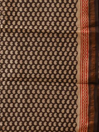 Printed Black and Beige Chanderi Silk Dress Material with Bagru Prints