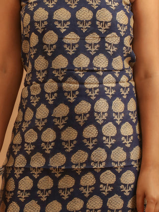 Navy Blue and Yellow Ochre Printed Chanderi Silk Dress Material with Bagru Prints