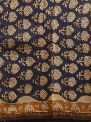 Navy Blue and Yellow Ochre Printed Chanderi Silk Dress Material with Bagru Prints