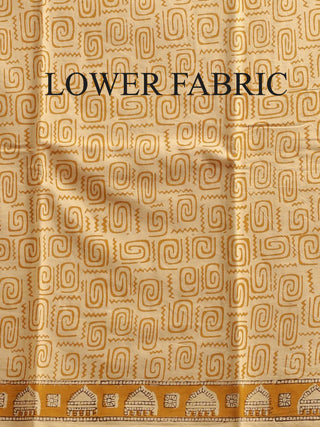 Navy Blue and Yellow Ochre Printed Chanderi Silk Dress Material with Bagru Prints