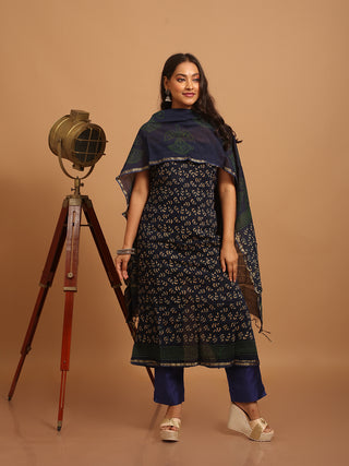 Midnight Blue, Red and Green Printed Chanderi Silk Dress Material with Dabu Prints