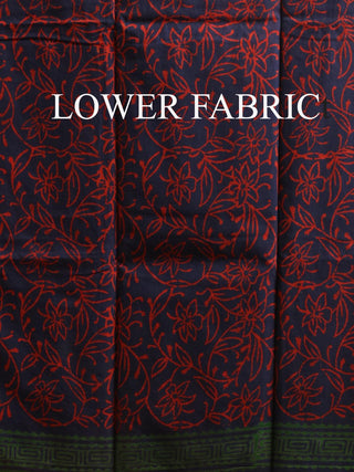 Midnight Blue, Red and Green Printed Chanderi Silk Dress Material with Dabu Prints
