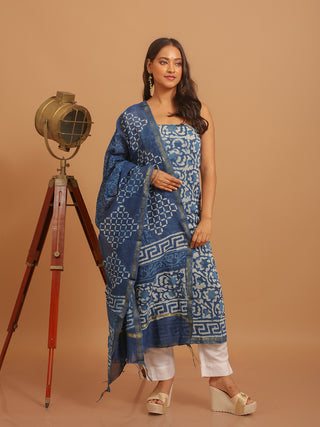 Indigo Blue Printed Chanderi Silk Dress Material with Dabu Prints