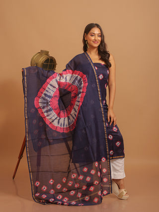 Navy Blue, Fuchsia And White Bandhani-Inspired Dabu Printed Chanderi Silk Dress Material