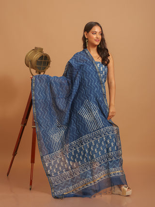 Indigo Blue and Ivory Printed Chanderi Silk Dress Material with Dabu Prints