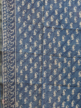 Indigo Blue and Ivory Printed Chanderi Silk Dress Material with Dabu Prints